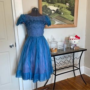 Vintage 1950s Prom Formal Evening Tea Length Dress Embroidered Floral Chiffon